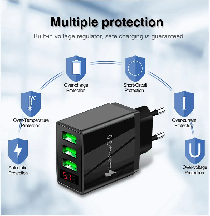 3 port LED Display Wall Charger and 3 in 1 Cable Bundle Blue