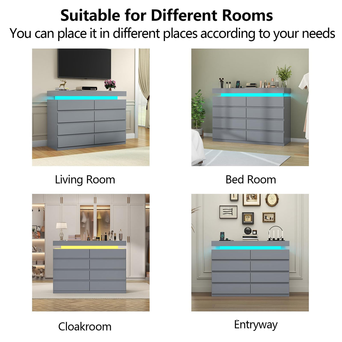 Gyfimoie 6 Drawer Dresser with Power Outlet, Dresser with LED Light | Modern Chest of Drawers for Closet, Wide Drawer Organizer Cabinet for Bedroom,Living Room
