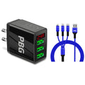 3 port LED Display Wall Charger  and 3 in 1 Cable Bundle Blue