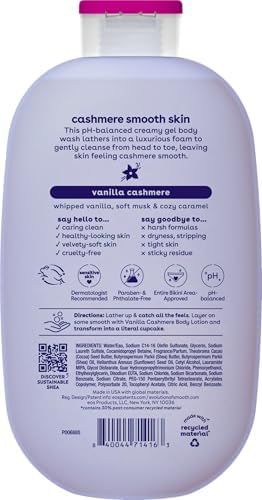 eos Body Wash, Vanilla Cashmere, Moisturizing Creamy Gel Formula with Shea Butter, Glycerin, Vitamin E, pH Balanced, Sensitive Skin, Vegan, 16 fl oz