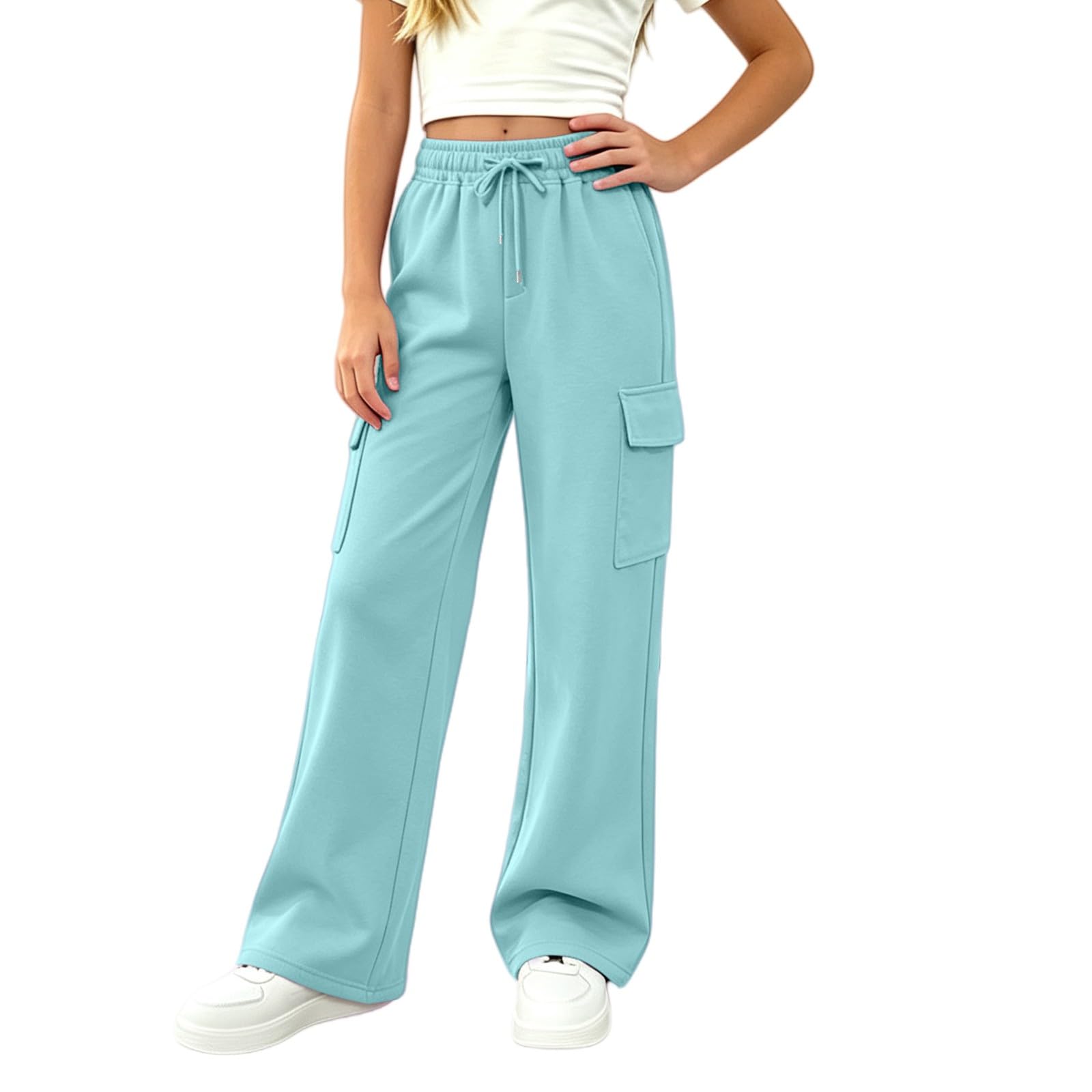 Girls Sweatpants Preppy Kids Cargo Pants Wide Leg Baggy Sweat Pants Teen Joggers Casual Trousers with Pockets