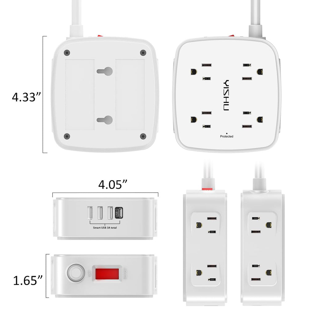 6Ft Surge Protector Power Strip with 8 Widely Outlets & 4 USB Ports | 3 Side Outlet Extender with 6 Feet Extension Cord, Flat Plug, for Home, Office, College Dorm Room Essentials, ETL, White