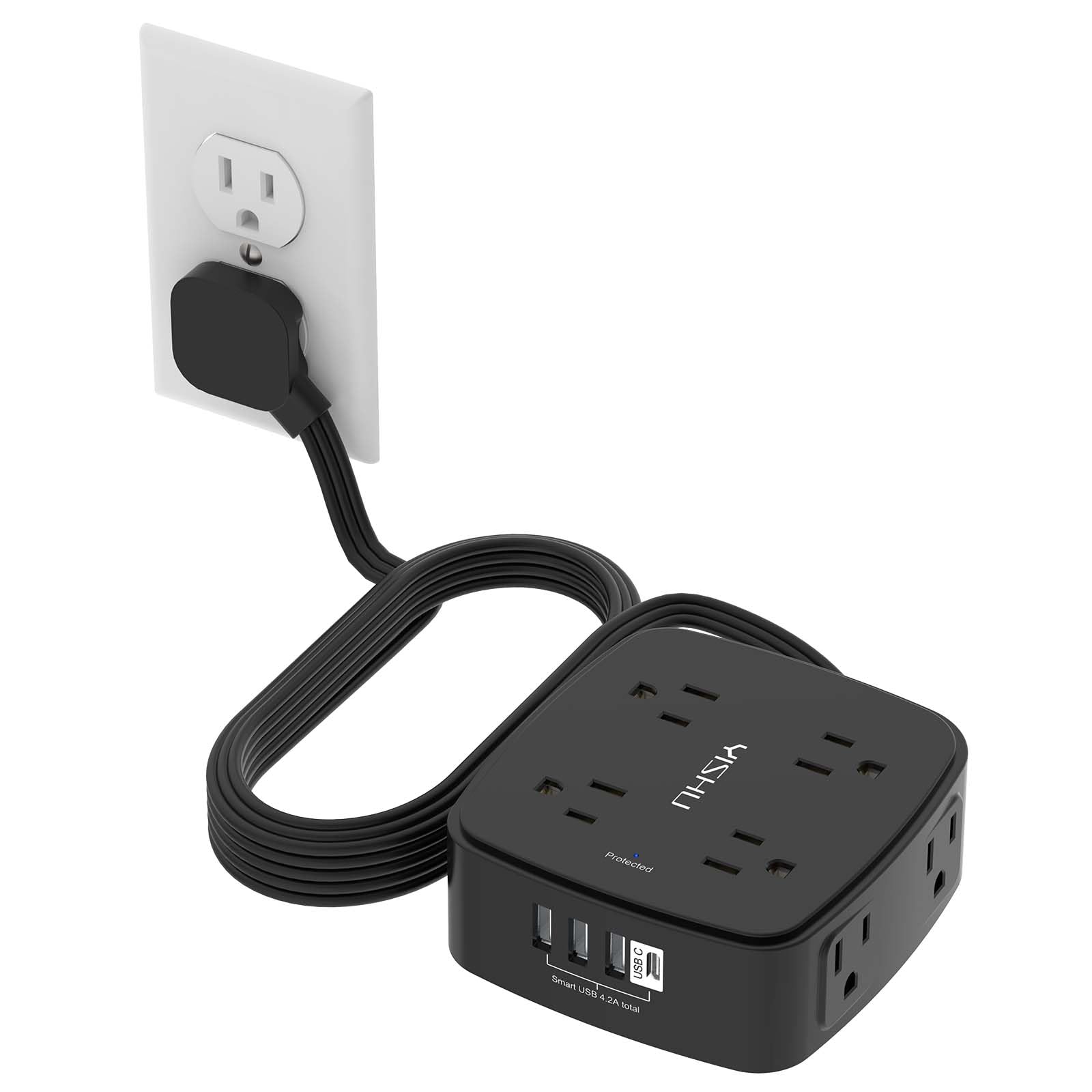 6Ft Surge Protector Power Strip with 8 Widely Outlets & 4 USB Ports | 3 Side Outlet Extender with 6 Feet Extension Cord, Flat Plug, for Home, Office, College Dorm Room Essentials, ETL, White