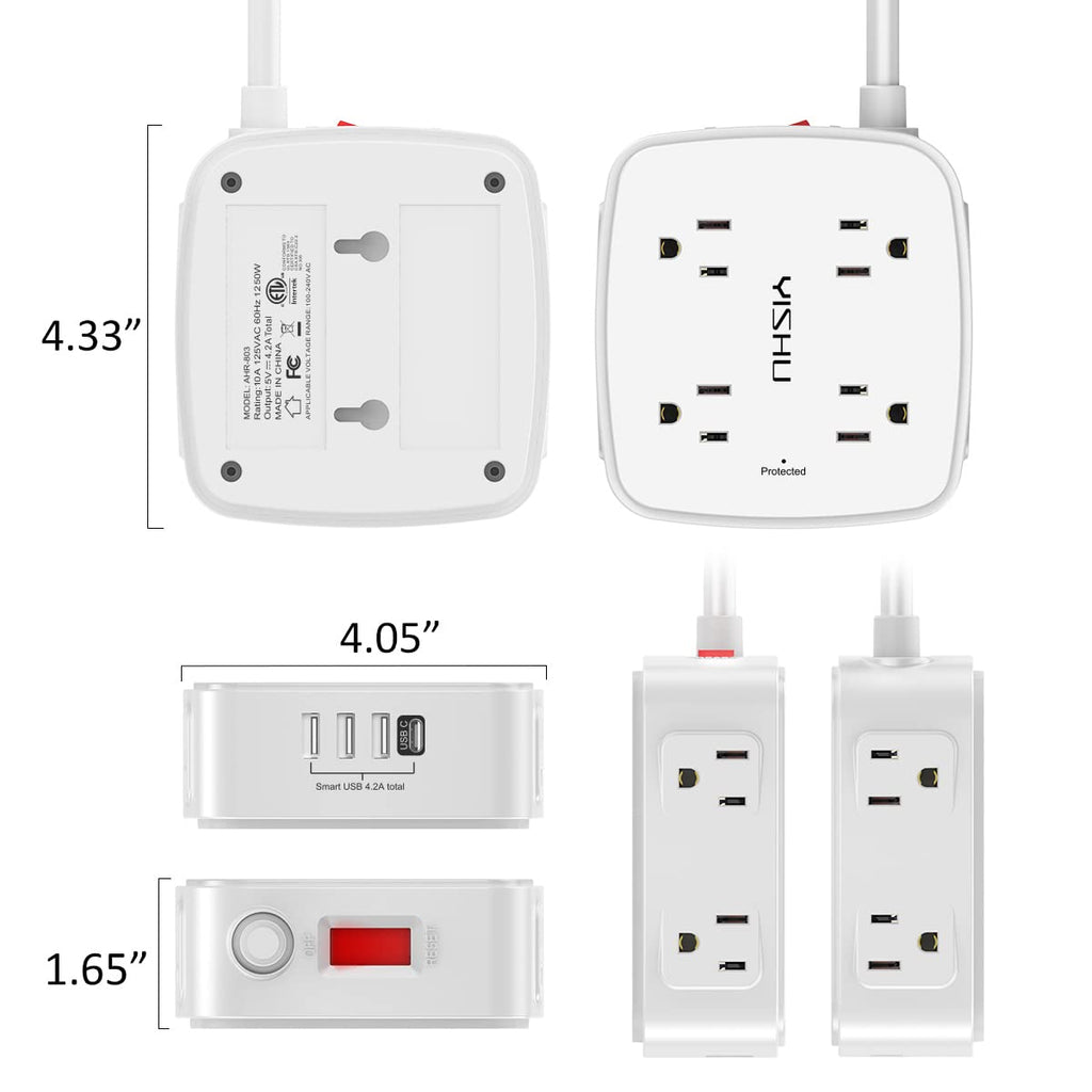 6Ft Surge Protector Power Strip with 8 Widely Outlets & 4 USB Ports | 3 Side Outlet Extender with 6 Feet Extension Cord, Flat Plug, for Home, Office, College Dorm Room Essentials, ETL, White