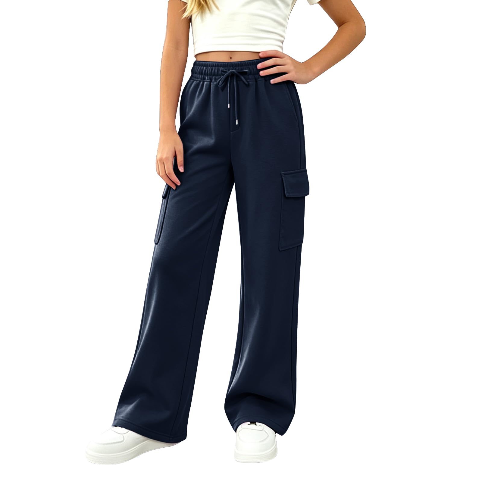 Girls Sweatpants Preppy Kids Cargo Pants Wide Leg Baggy Sweat Pants Teen Joggers Casual Trousers with Pockets