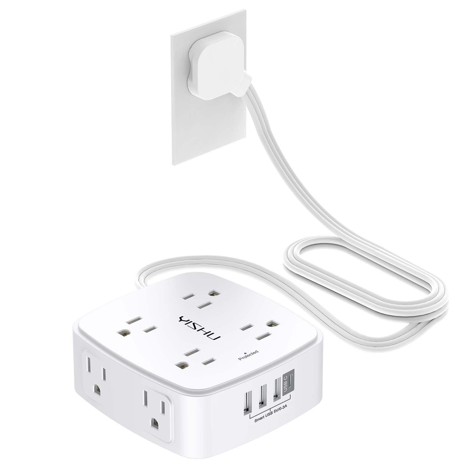 6Ft Surge Protector Power Strip with 8 Widely Outlets & 4 USB Ports | 3 Side Outlet Extender with 6 Feet Extension Cord, Flat Plug, for Home, Office, College Dorm Room Essentials, ETL, White