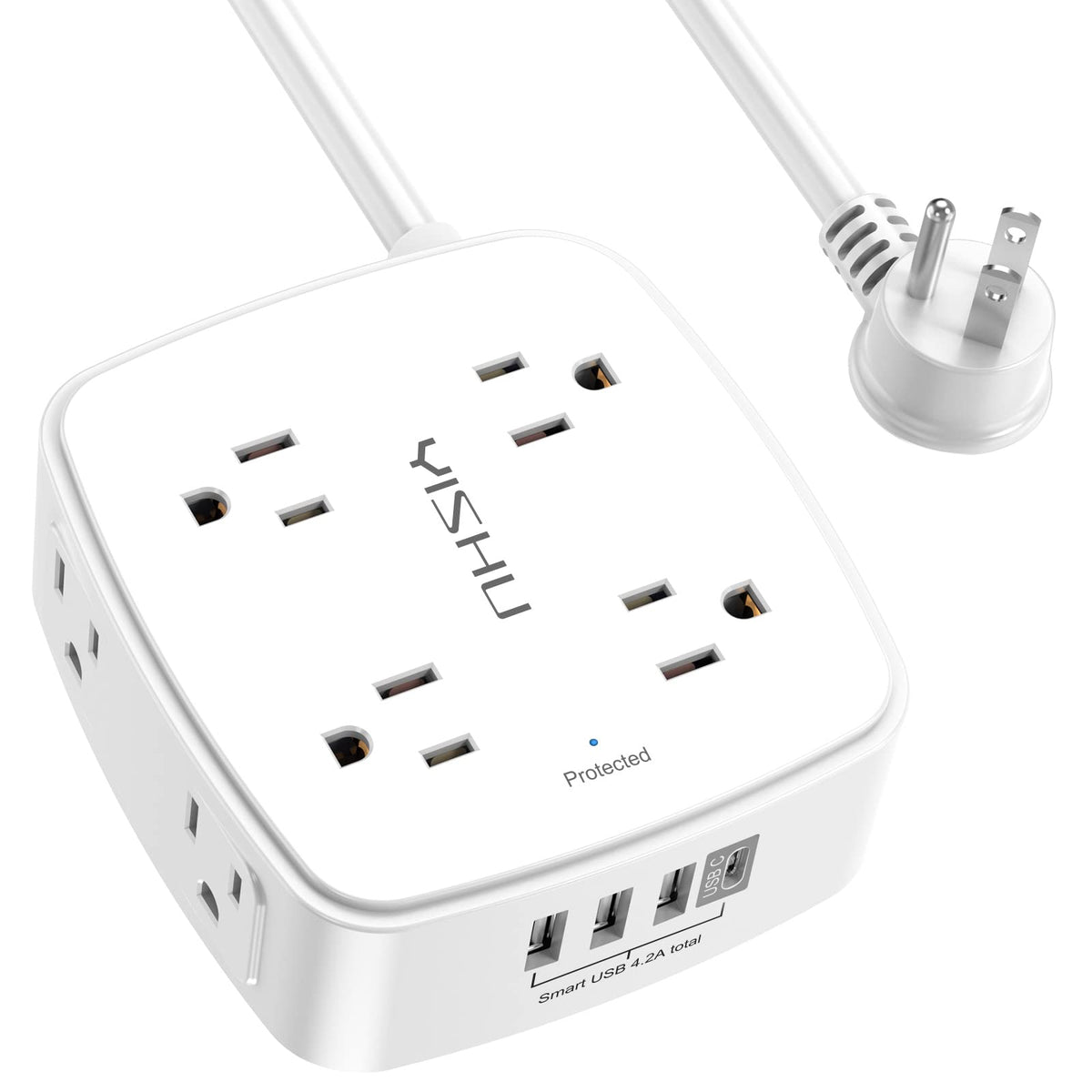6Ft Surge Protector Power Strip with 8 Widely Outlets & 4 USB Ports | 3 Side Outlet Extender with 6 Feet Extension Cord, Flat Plug, for Home, Office, College Dorm Room Essentials, ETL, White
