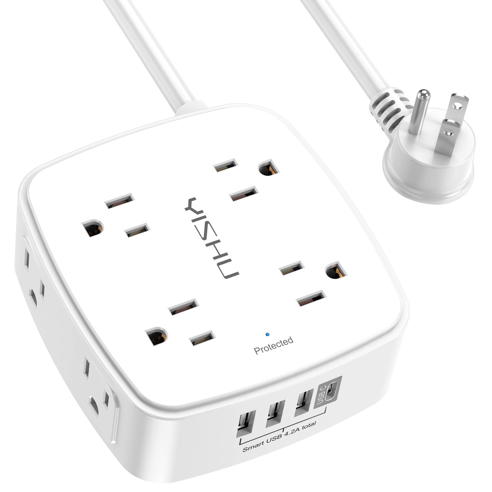 6Ft Surge Protector Power Strip with 8 Widely Outlets & 4 USB Ports | 3 Side Outlet Extender with 6 Feet Extension Cord, Flat Plug, for Home, Office, College Dorm Room Essentials, ETL, White