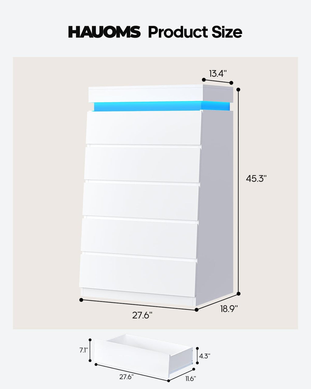 HAUOMS Tall White 5 Drawer Dresser with LED Light | Modern Chest of Drawers for Bedroom,Closet Dressers with Drawers for Living Room, Entryway, Hallway