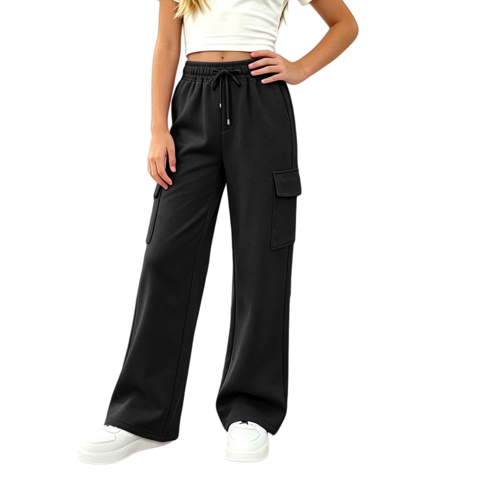 Girls Sweatpants Preppy Kids Cargo Pants Wide Leg Baggy Sweat Pants Teen Joggers Casual Trousers with Pockets