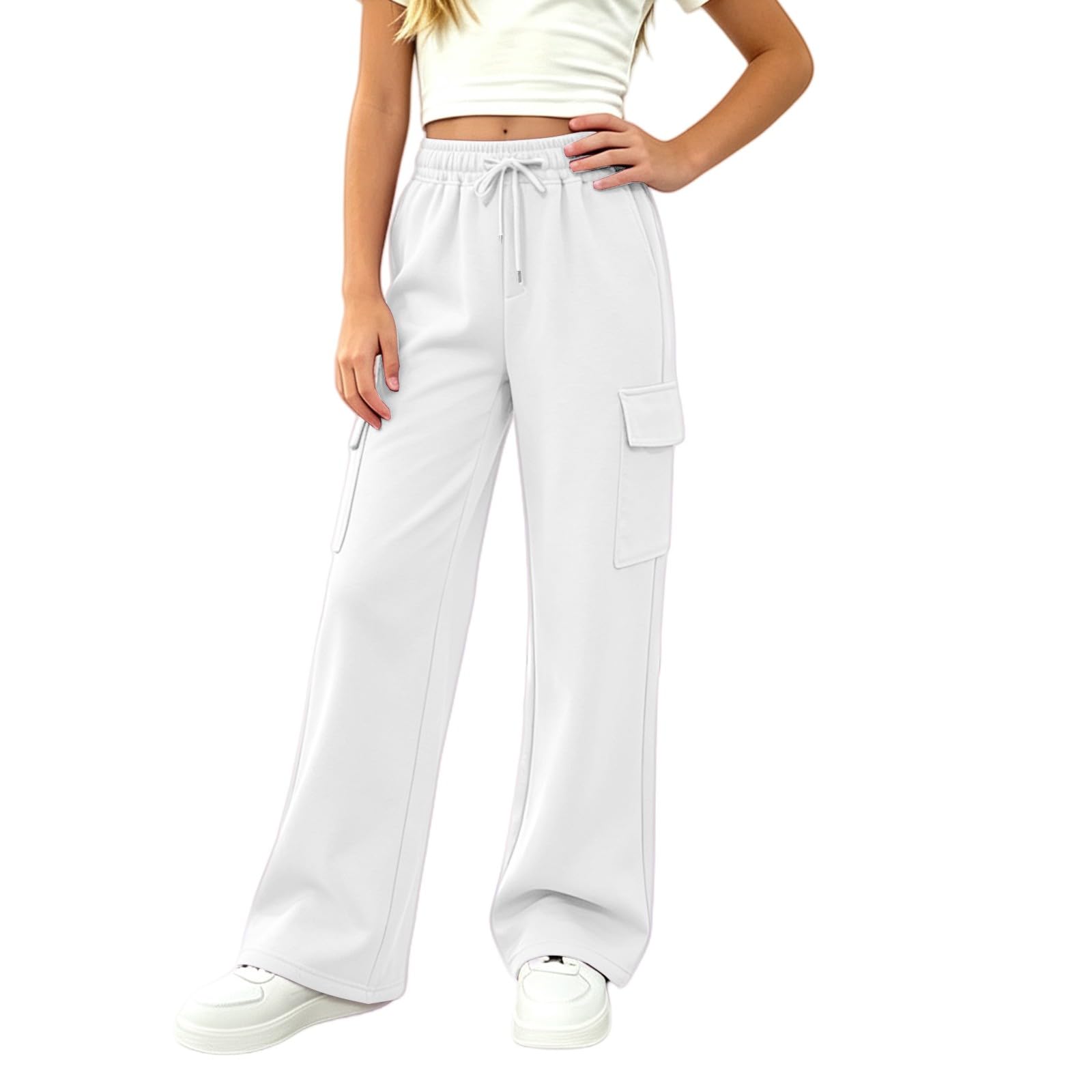 Girls Sweatpants Preppy Kids Cargo Pants Wide Leg Baggy Sweat Pants Teen Joggers Casual Trousers with Pockets