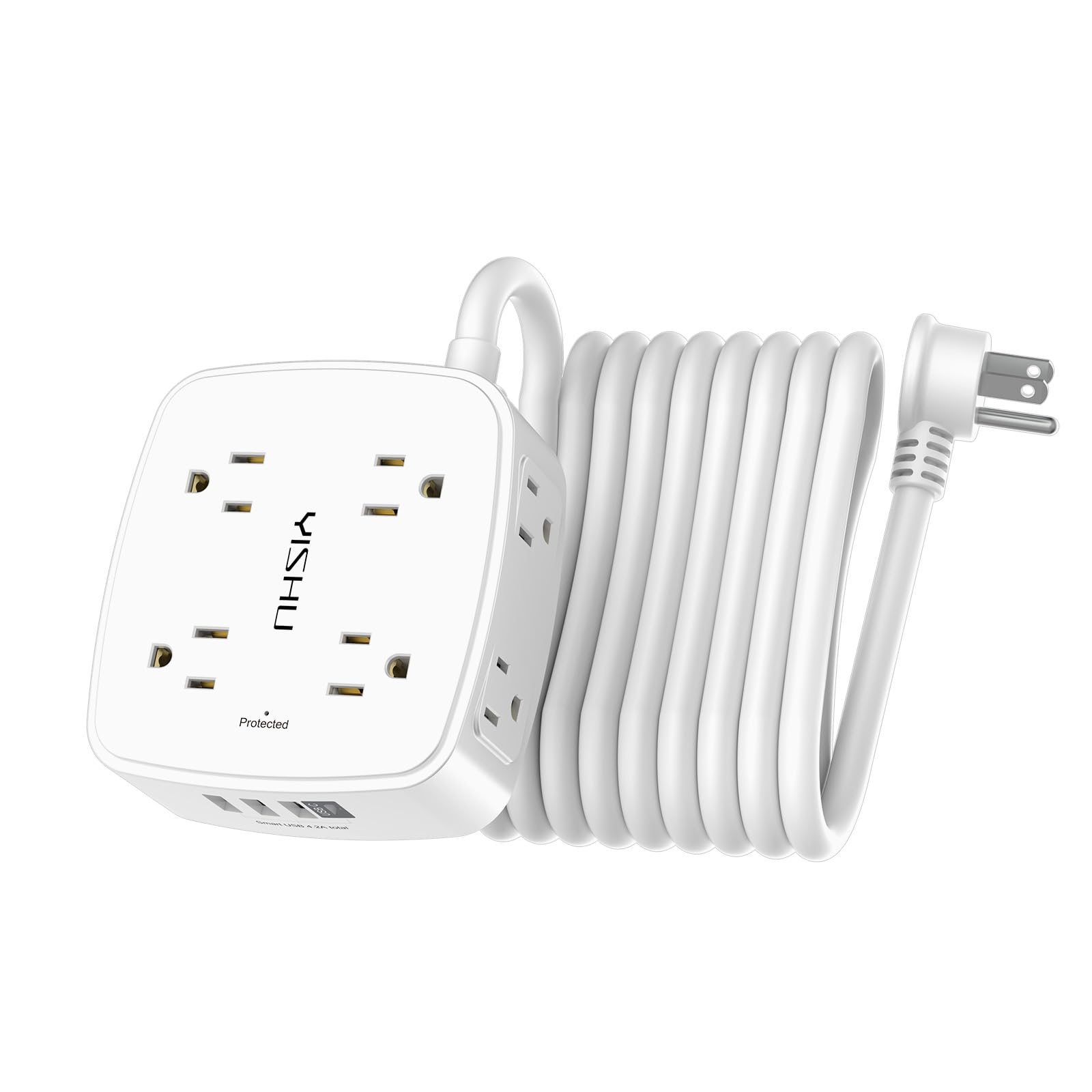 6Ft Surge Protector Power Strip with 8 Widely Outlets & 4 USB Ports | 3 Side Outlet Extender with 6 Feet Extension Cord, Flat Plug, for Home, Office, College Dorm Room Essentials, ETL, White