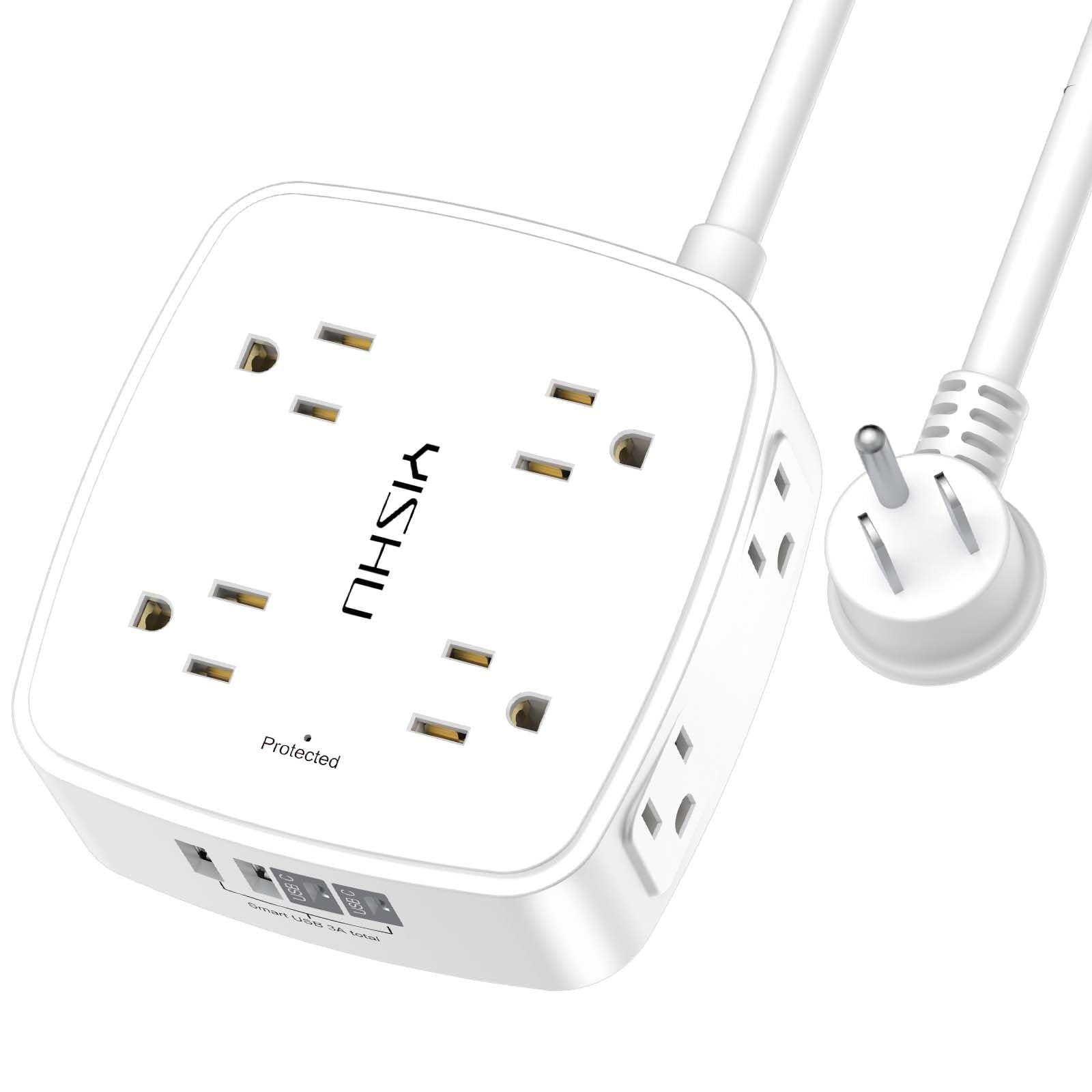 6Ft Surge Protector Power Strip with 8 Widely Outlets & 4 USB Ports | 3 Side Outlet Extender with 6 Feet Extension Cord, Flat Plug, for Home, Office, College Dorm Room Essentials, ETL, White