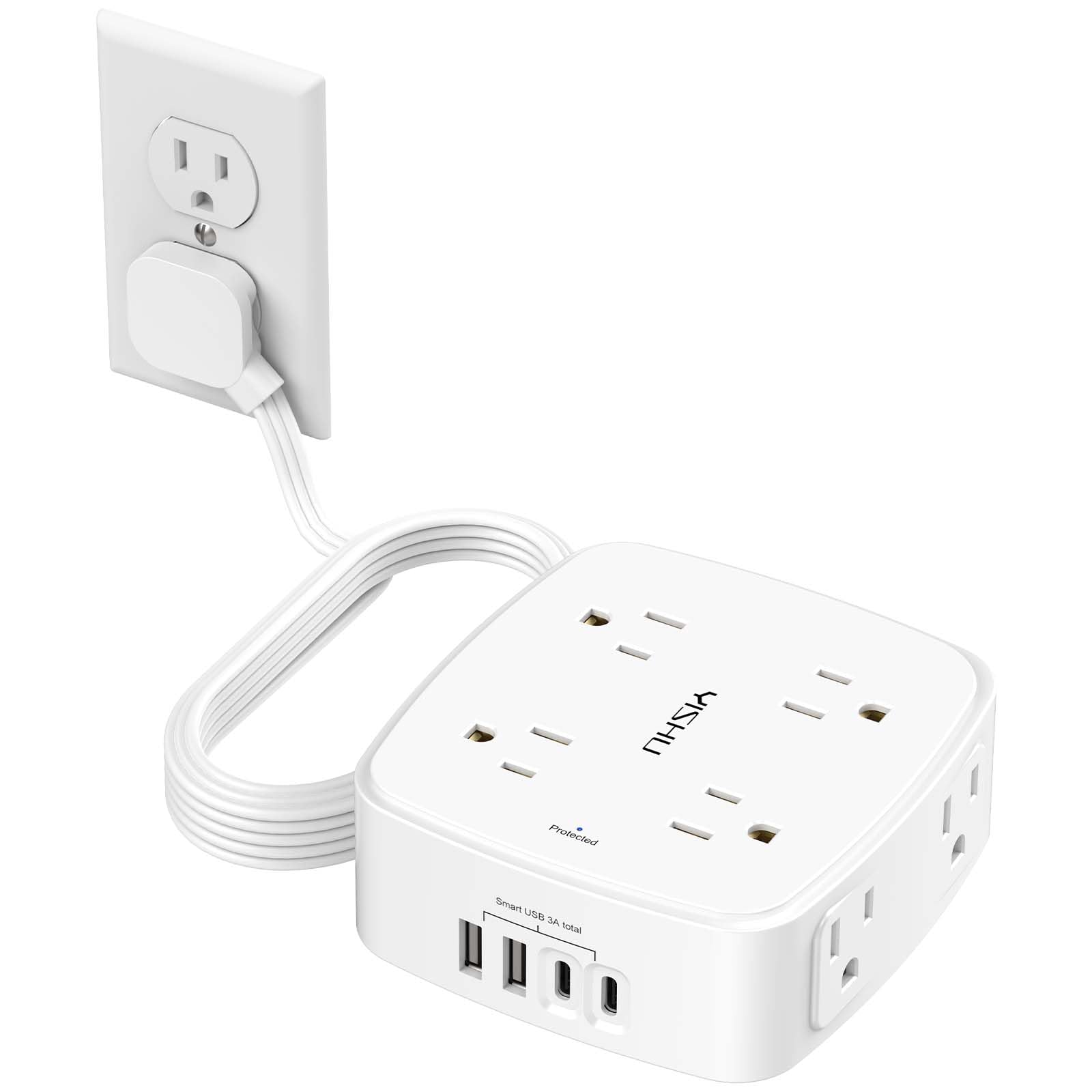 6Ft Surge Protector Power Strip with 8 Widely Outlets & 4 USB Ports | 3 Side Outlet Extender with 6 Feet Extension Cord, Flat Plug, for Home, Office, College Dorm Room Essentials, ETL, White