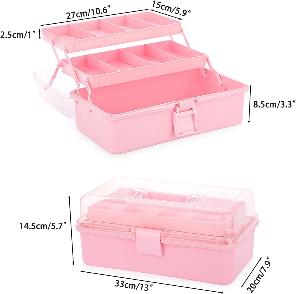 BTSKY 3-Layer Plastic Dividing Storage Box Craft Organizer and Storage | Portable Handled Art Supply Organizer with Adjustable Spacers Multipurpose Home Utility Box for Medicine, Sewing(Pink)
