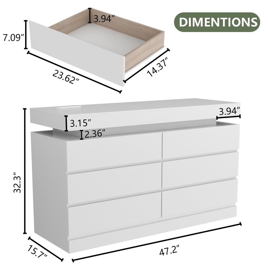 Gyfimoie 6 Drawer Dresser with Power Outlet, Dresser with LED Light | Modern Chest of Drawers for Closet, Wide Drawer Organizer Cabinet for Bedroom,Living Room