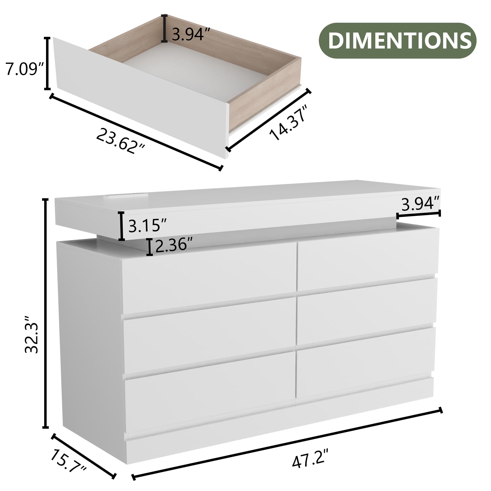 Gyfimoie 6 Drawer Dresser with Power Outlet, Dresser with LED Light | Modern Chest of Drawers for Closet, Wide Drawer Organizer Cabinet for Bedroom,Living Room