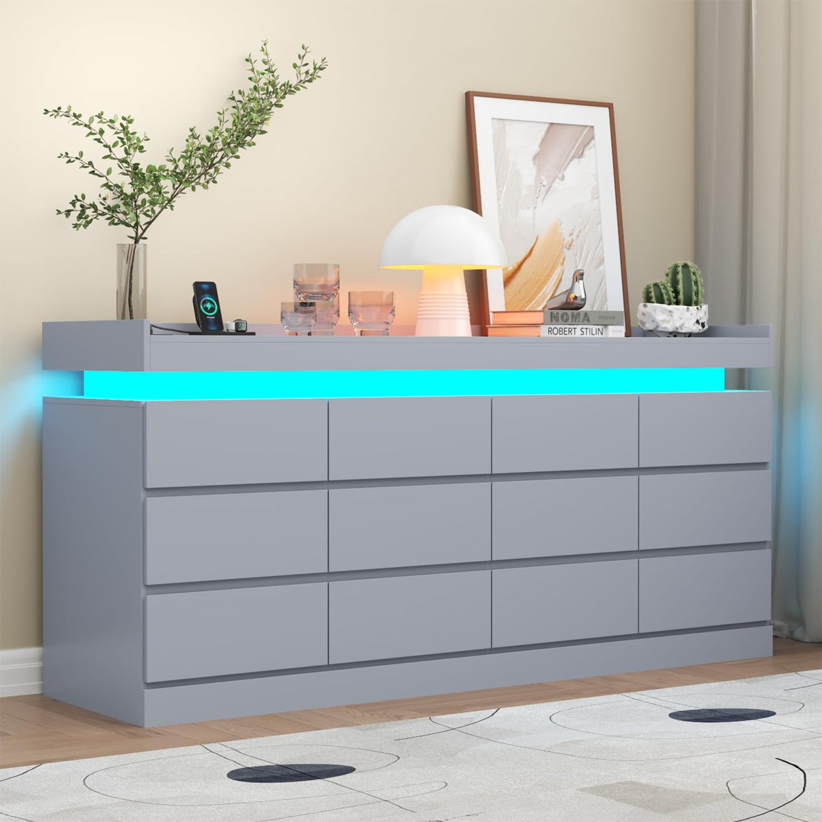 Gyfimoie 6 Drawer Dresser with Power Outlet, Dresser with LED Light | Modern Chest of Drawers for Closet, Wide Drawer Organizer Cabinet for Bedroom,Living Room