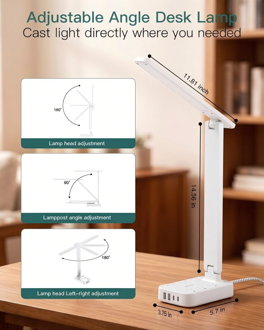 Addtam LED Desk Lamp, Power Strip with 3 Outlets 4 USB Charging Ports(2 USBC), 4 Modes 5 Level Brightness Touch Lamp, Small Desk Lamp for Home Office College Dorm Room Essentials