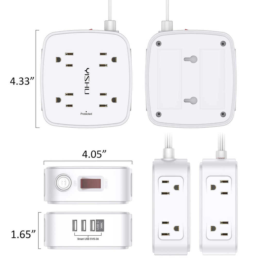 6Ft Surge Protector Power Strip with 8 Widely Outlets & 4 USB Ports | 3 Side Outlet Extender with 6 Feet Extension Cord, Flat Plug, for Home, Office, College Dorm Room Essentials, ETL, White