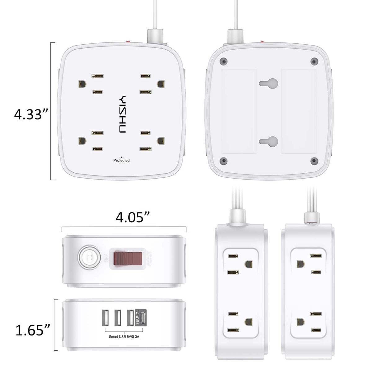 6Ft Surge Protector Power Strip with 8 Widely Outlets & 4 USB Ports | 3 Side Outlet Extender with 6 Feet Extension Cord, Flat Plug, for Home, Office, College Dorm Room Essentials, ETL, White