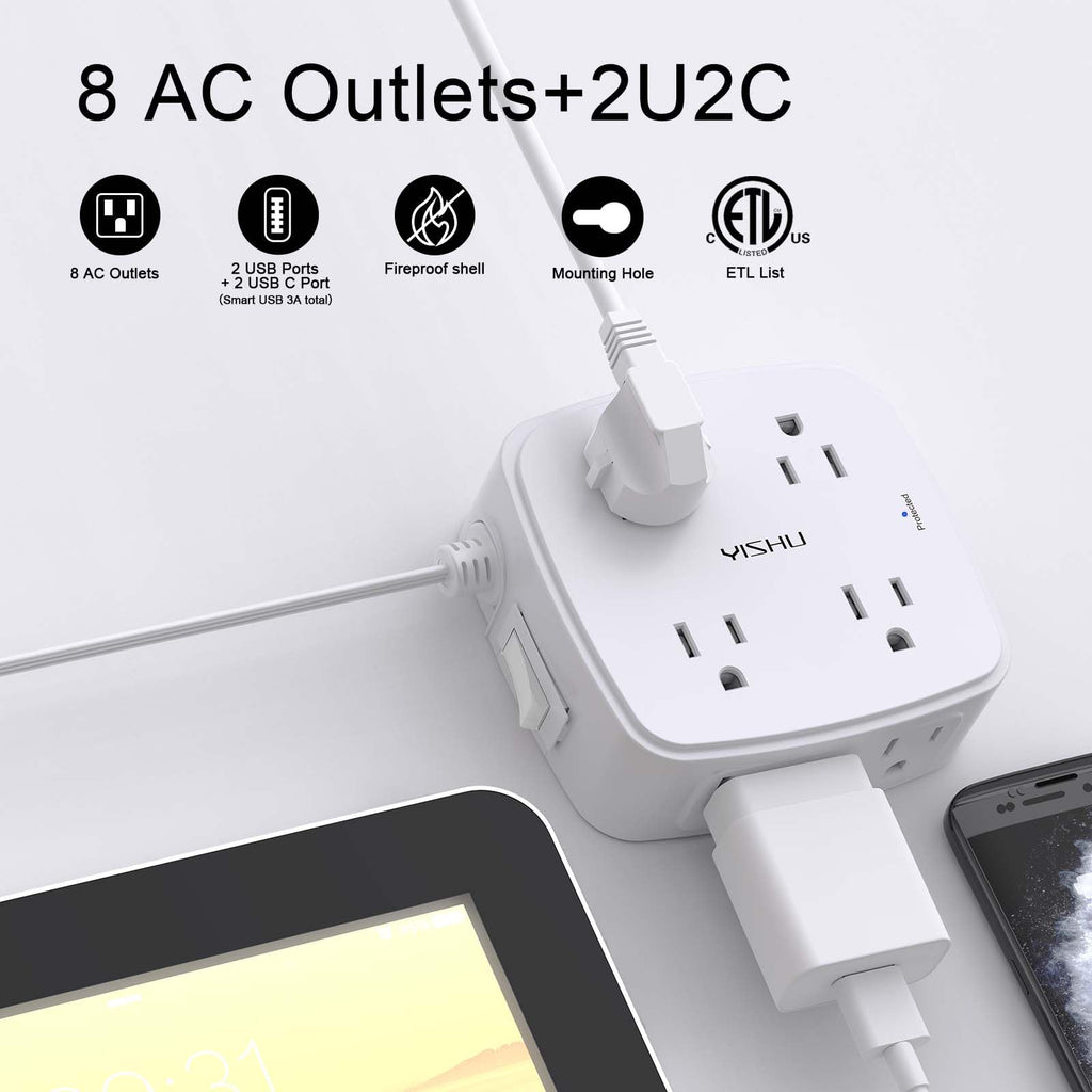 6Ft Surge Protector Power Strip with 8 Widely Outlets & 4 USB Ports | 3 Side Outlet Extender with 6 Feet Extension Cord, Flat Plug, for Home, Office, College Dorm Room Essentials, ETL, White