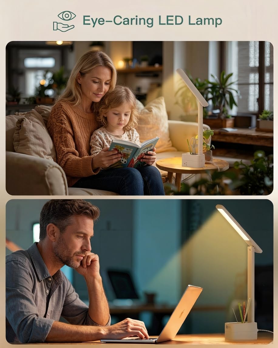 Addtam LED Desk Lamp, Power Strip with 3 Outlets 4 USB Charging Ports(2 USBC), 4 Modes 5 Level Brightness Touch Lamp, Small Desk Lamp for Home Office College Dorm Room Essentials