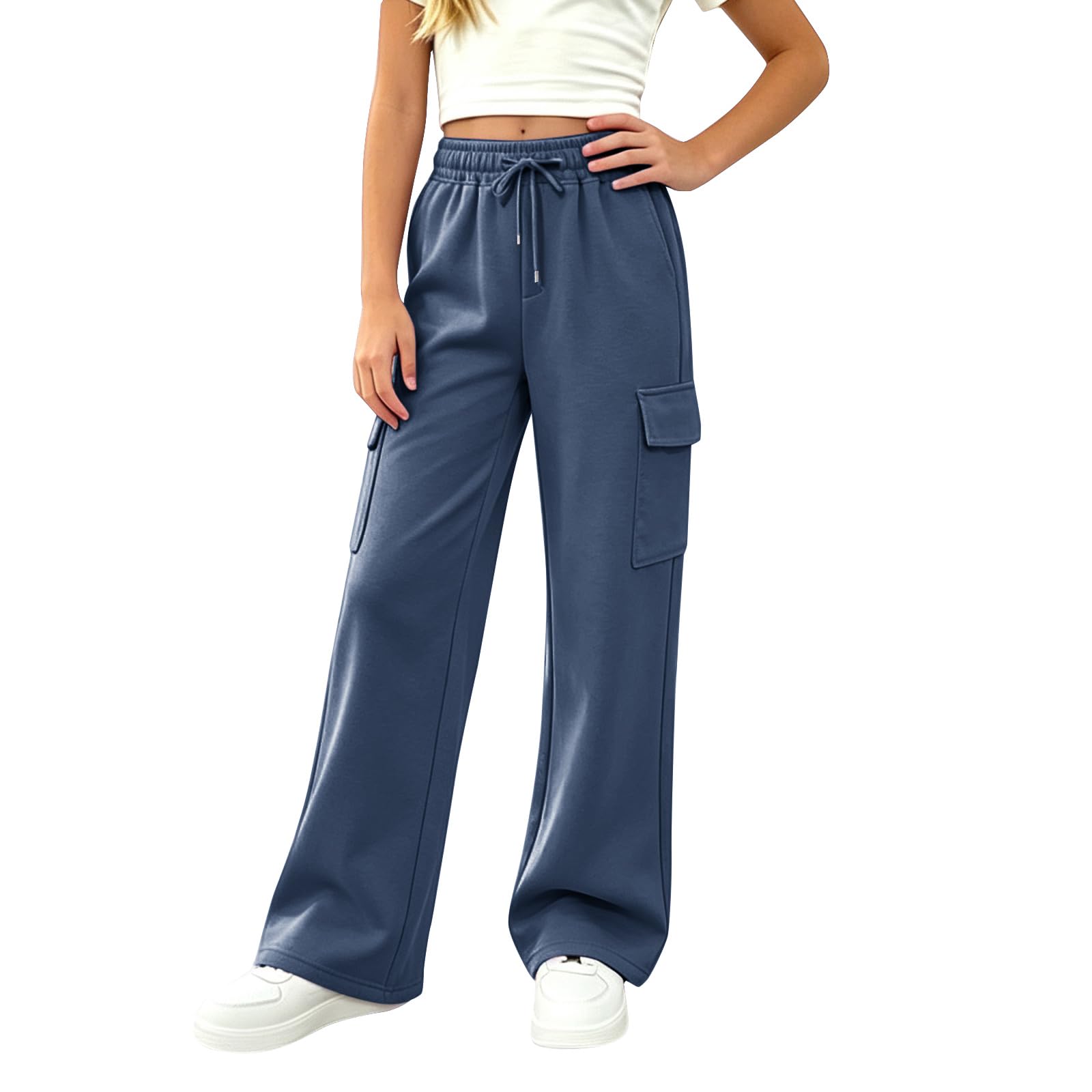 Girls Sweatpants Preppy Kids Cargo Pants Wide Leg Baggy Sweat Pants Teen Joggers Casual Trousers with Pockets