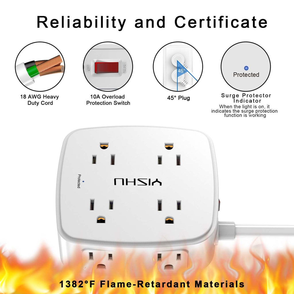 6Ft Surge Protector Power Strip with 8 Widely Outlets & 4 USB Ports | 3 Side Outlet Extender with 6 Feet Extension Cord, Flat Plug, for Home, Office, College Dorm Room Essentials, ETL, White