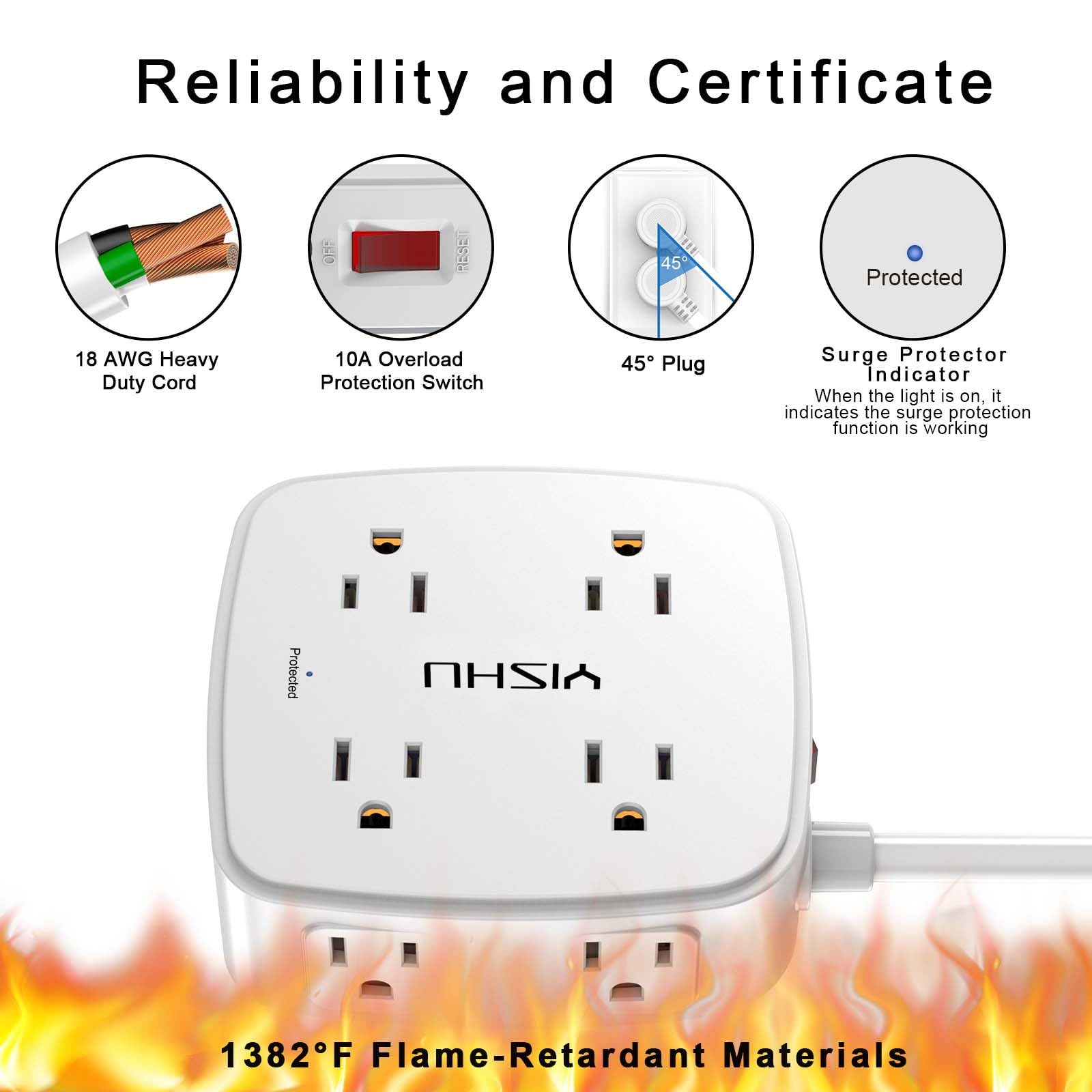6Ft Surge Protector Power Strip with 8 Widely Outlets & 4 USB Ports | 3 Side Outlet Extender with 6 Feet Extension Cord, Flat Plug, for Home, Office, College Dorm Room Essentials, ETL, White