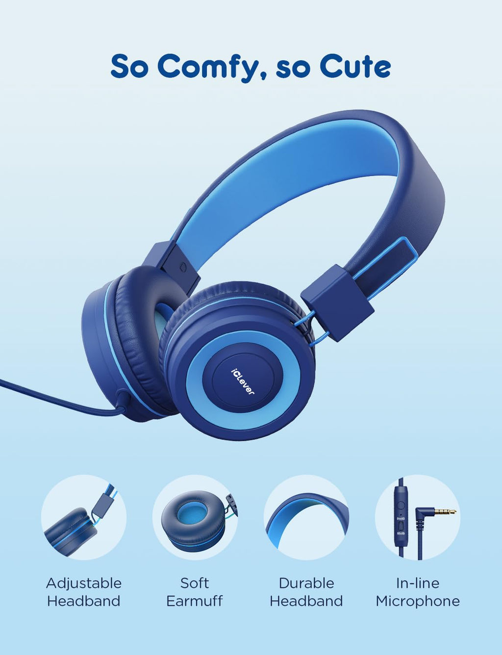 iClever C371 Kids Headphones with Cord for School Boys Girls Travel Gift | SafeSound Tech3.0, Stereo Sound, 3.5mm Jack, Foldable, Durable Headband, Safe Wired Headphones for Kids, Powder Blue
