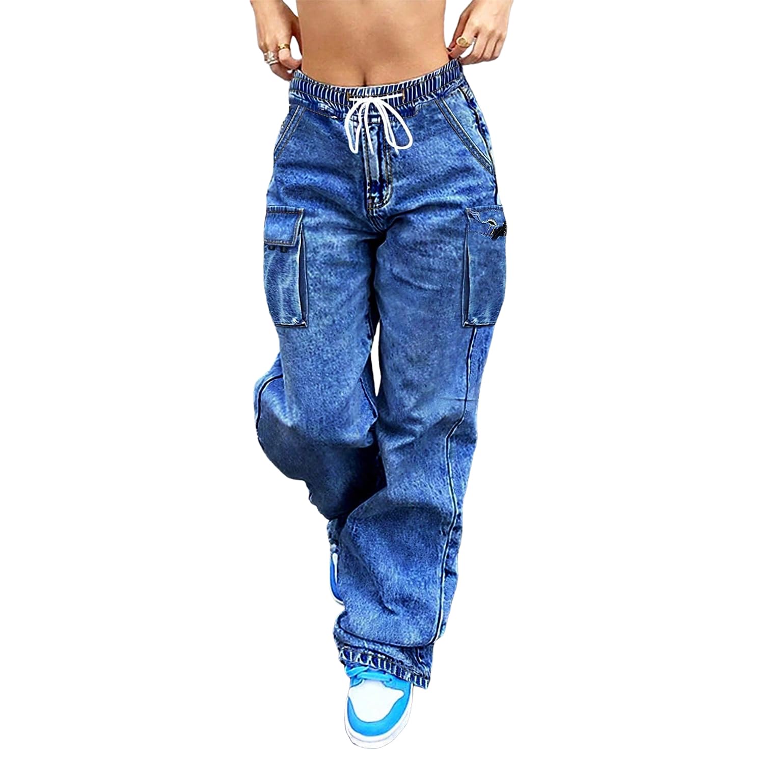 Cargo Jeans for Women Baggy Stretchy Wide Leg Denim Pants High Waisted y2k | Elastic Waist,Streetwear,Side Pockets,Cute,Trendy,Curvy,Mid Rise,Chic,Tall,Tie,Boyfriend,Loose,Casual,Fashion,Oversized