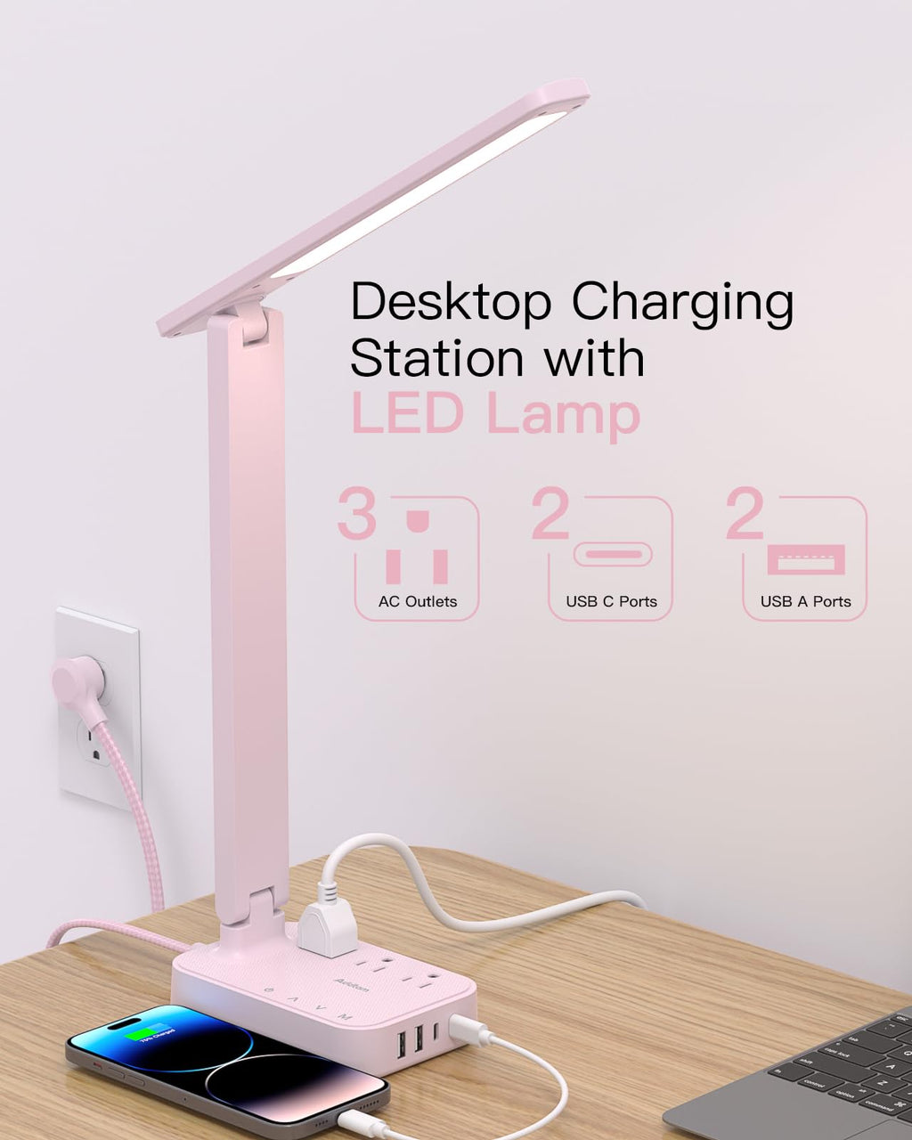 Addtam LED Desk Lamp, Power Strip with 3 Outlets 4 USB Charging Ports(2 USBC), 4 Modes 5 Level Brightness Touch Lamp, Small Desk Lamp for Home Office College Dorm Room Essentials