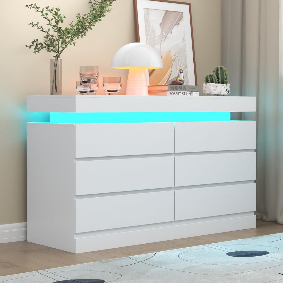 Gyfimoie 6 Drawer Dresser with Power Outlet, Dresser with LED Light | Modern Chest of Drawers for Closet, Wide Drawer Organizer Cabinet for Bedroom,Living Room
