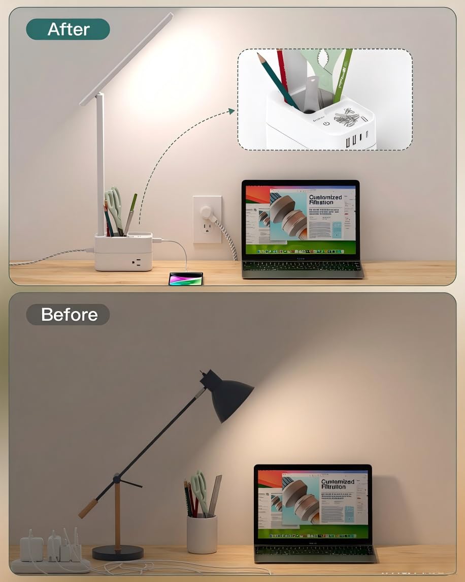 Addtam LED Desk Lamp, Power Strip with 3 Outlets 4 USB Charging Ports(2 USBC), 4 Modes 5 Level Brightness Touch Lamp, Small Desk Lamp for Home Office College Dorm Room Essentials