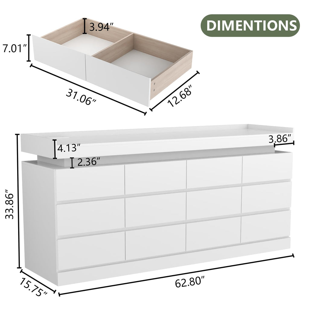 Gyfimoie 6 Drawer Dresser with Power Outlet, Dresser with LED Light | Modern Chest of Drawers for Closet, Wide Drawer Organizer Cabinet for Bedroom,Living Room