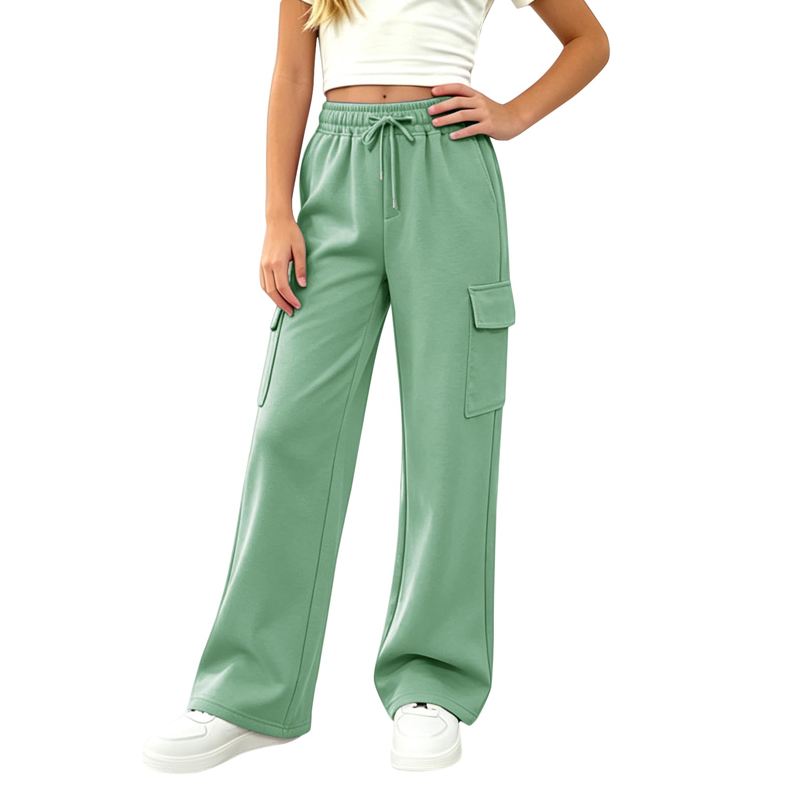 Girls Sweatpants Preppy Kids Cargo Pants Wide Leg Baggy Sweat Pants Teen Joggers Casual Trousers with Pockets