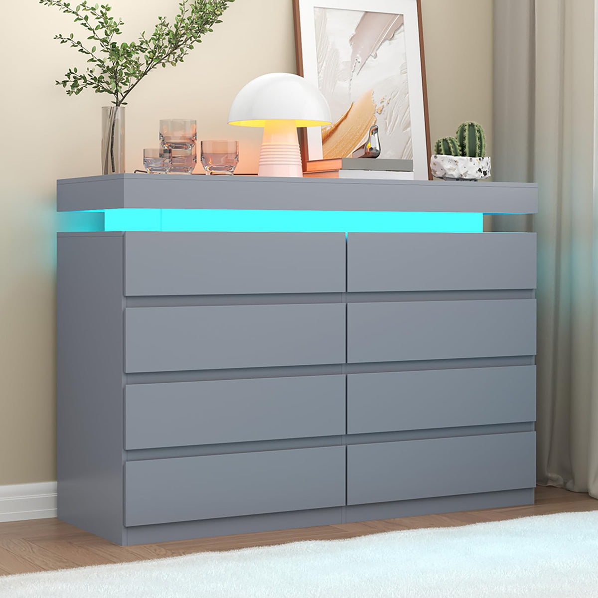 Gyfimoie 6 Drawer Dresser with Power Outlet, Dresser with LED Light | Modern Chest of Drawers for Closet, Wide Drawer Organizer Cabinet for Bedroom,Living Room