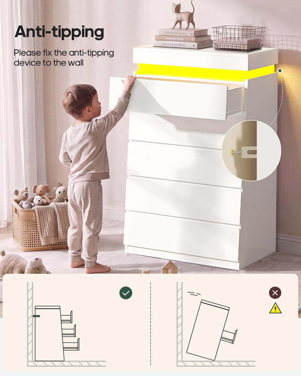 HAUOMS Tall White 5 Drawer Dresser with LED Light | Modern Chest of Drawers for Bedroom,Closet Dressers with Drawers for Living Room, Entryway, Hallway