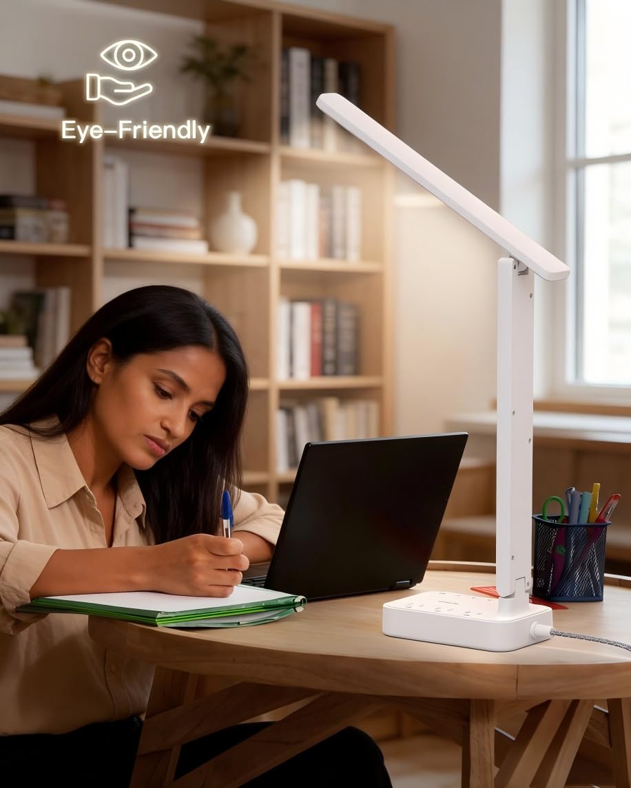 Addtam LED Desk Lamp, Power Strip with 3 Outlets 4 USB Charging Ports(2 USBC), 4 Modes 5 Level Brightness Touch Lamp, Small Desk Lamp for Home Office College Dorm Room Essentials