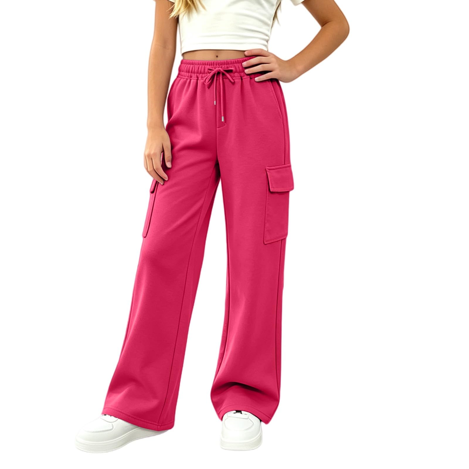Girls Sweatpants Preppy Kids Cargo Pants Wide Leg Baggy Sweat Pants Teen Joggers Casual Trousers with Pockets