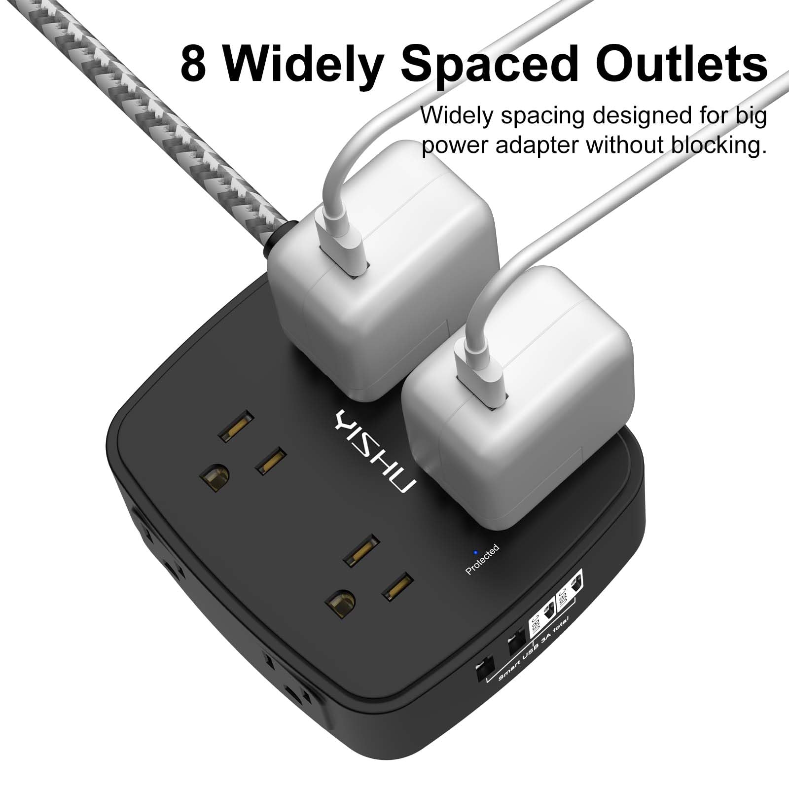 6Ft Surge Protector Power Strip with 8 Widely Outlets & 4 USB Ports | 3 Side Outlet Extender with 6 Feet Extension Cord, Flat Plug, for Home, Office, College Dorm Room Essentials, ETL, White