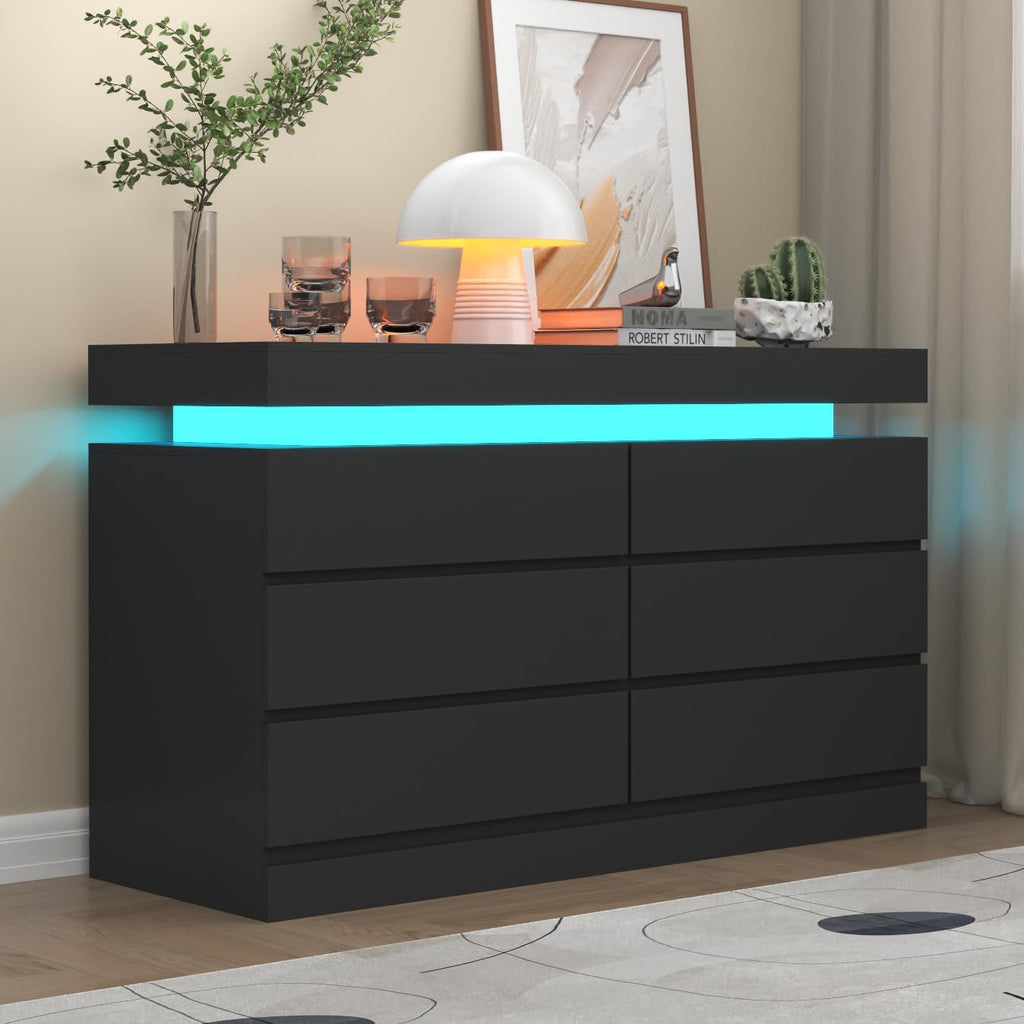 Gyfimoie 6 Drawer Dresser with Power Outlet, Dresser with LED Light | Modern Chest of Drawers for Closet, Wide Drawer Organizer Cabinet for Bedroom,Living Room