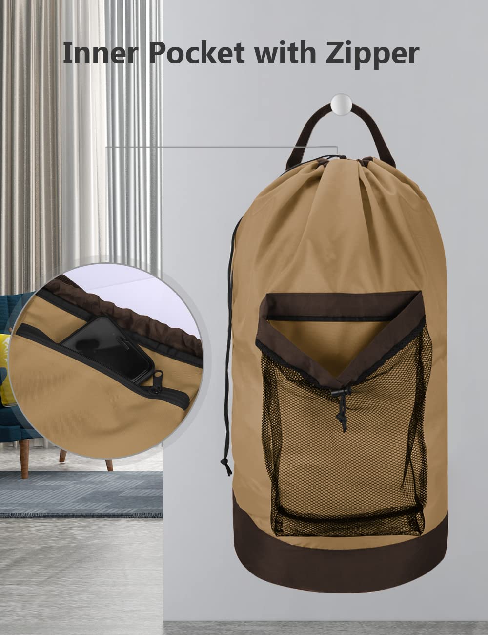 Backpack Laundry Bag, 115L Large Hamper with Shoulder Straps, Drawstring Closure, Mesh Pocket, Khaki