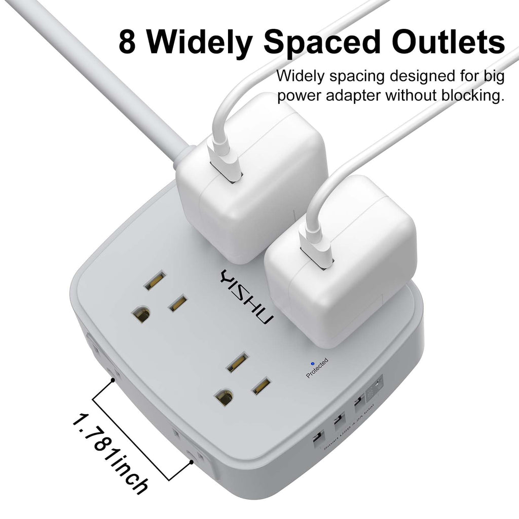 6Ft Surge Protector Power Strip with 8 Widely Outlets & 4 USB Ports | 3 Side Outlet Extender with 6 Feet Extension Cord, Flat Plug, for Home, Office, College Dorm Room Essentials, ETL, White