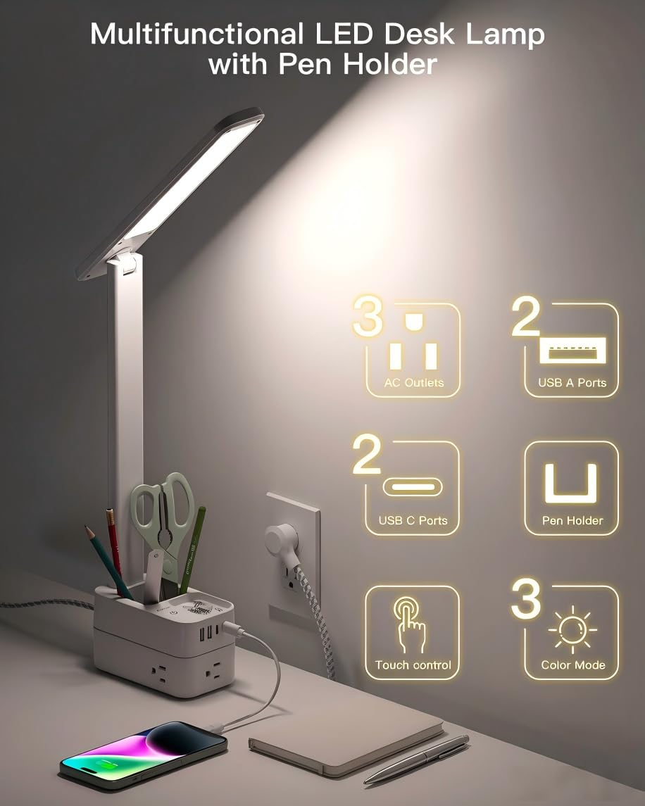 Addtam LED Desk Lamp, Power Strip with 3 Outlets 4 USB Charging Ports(2 USBC), 4 Modes 5 Level Brightness Touch Lamp, Small Desk Lamp for Home Office College Dorm Room Essentials