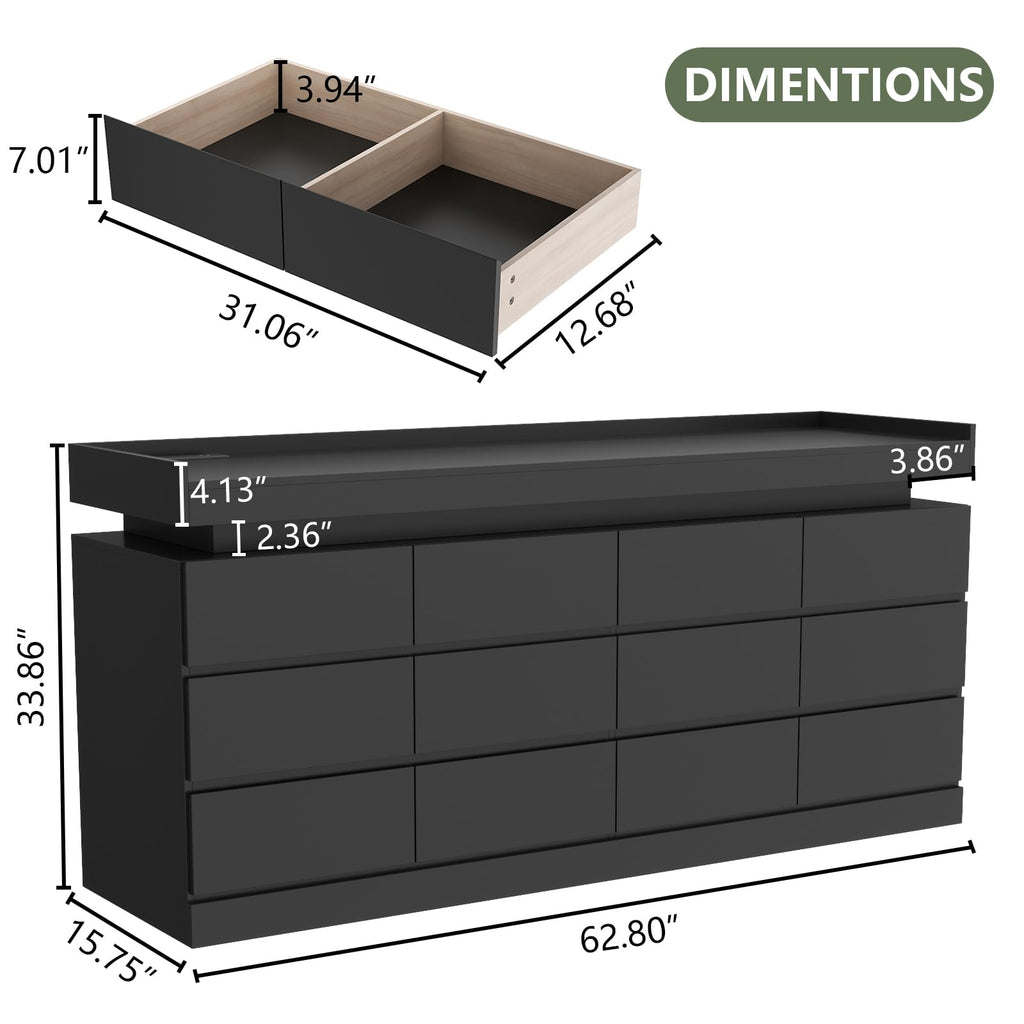 Gyfimoie 6 Drawer Dresser with Power Outlet, Dresser with LED Light | Modern Chest of Drawers for Closet, Wide Drawer Organizer Cabinet for Bedroom,Living Room