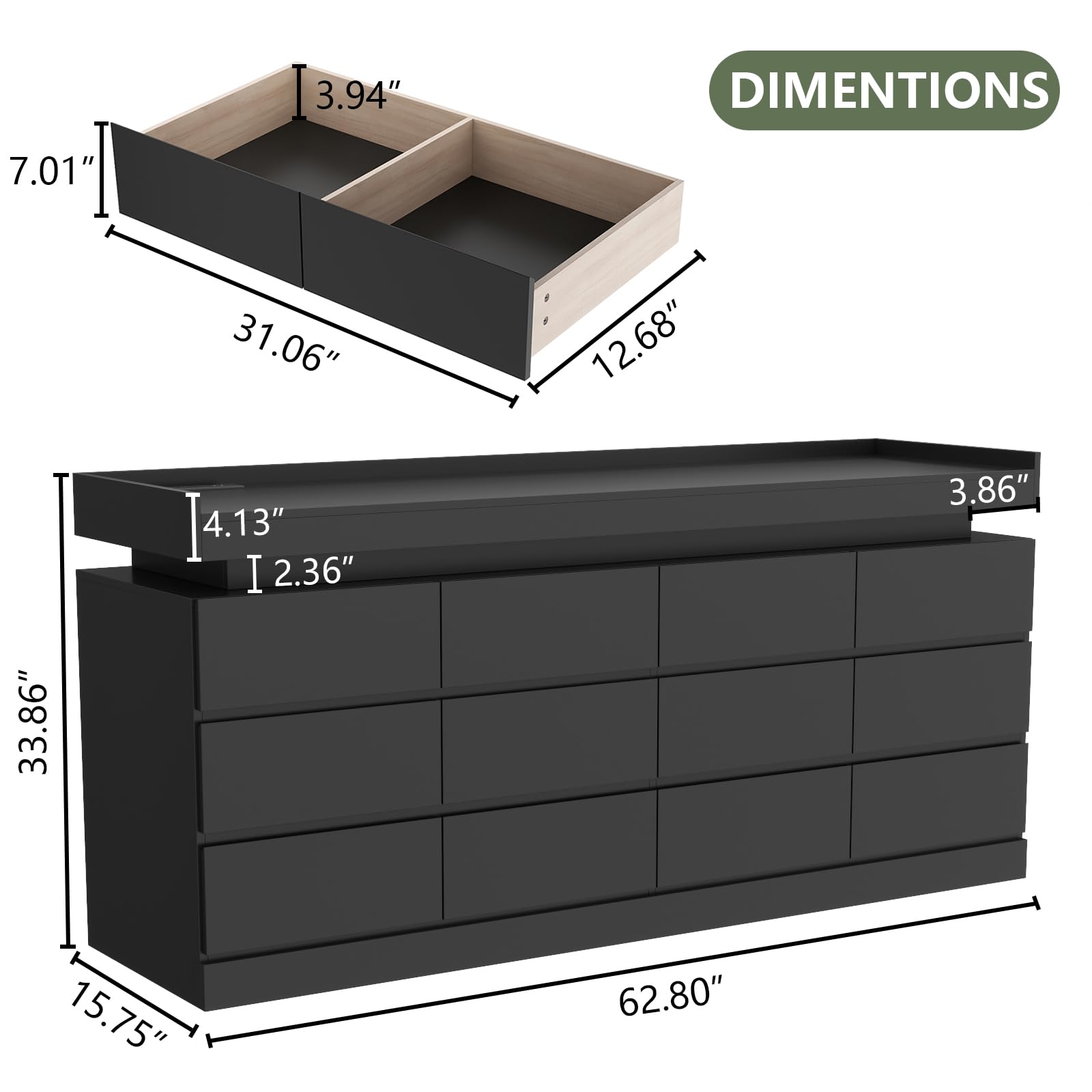Gyfimoie 6 Drawer Dresser with Power Outlet, Dresser with LED Light | Modern Chest of Drawers for Closet, Wide Drawer Organizer Cabinet for Bedroom,Living Room