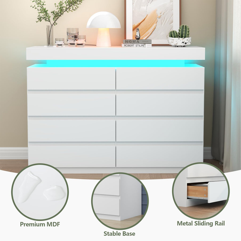 Gyfimoie 6 Drawer Dresser with Power Outlet, Dresser with LED Light | Modern Chest of Drawers for Closet, Wide Drawer Organizer Cabinet for Bedroom,Living Room