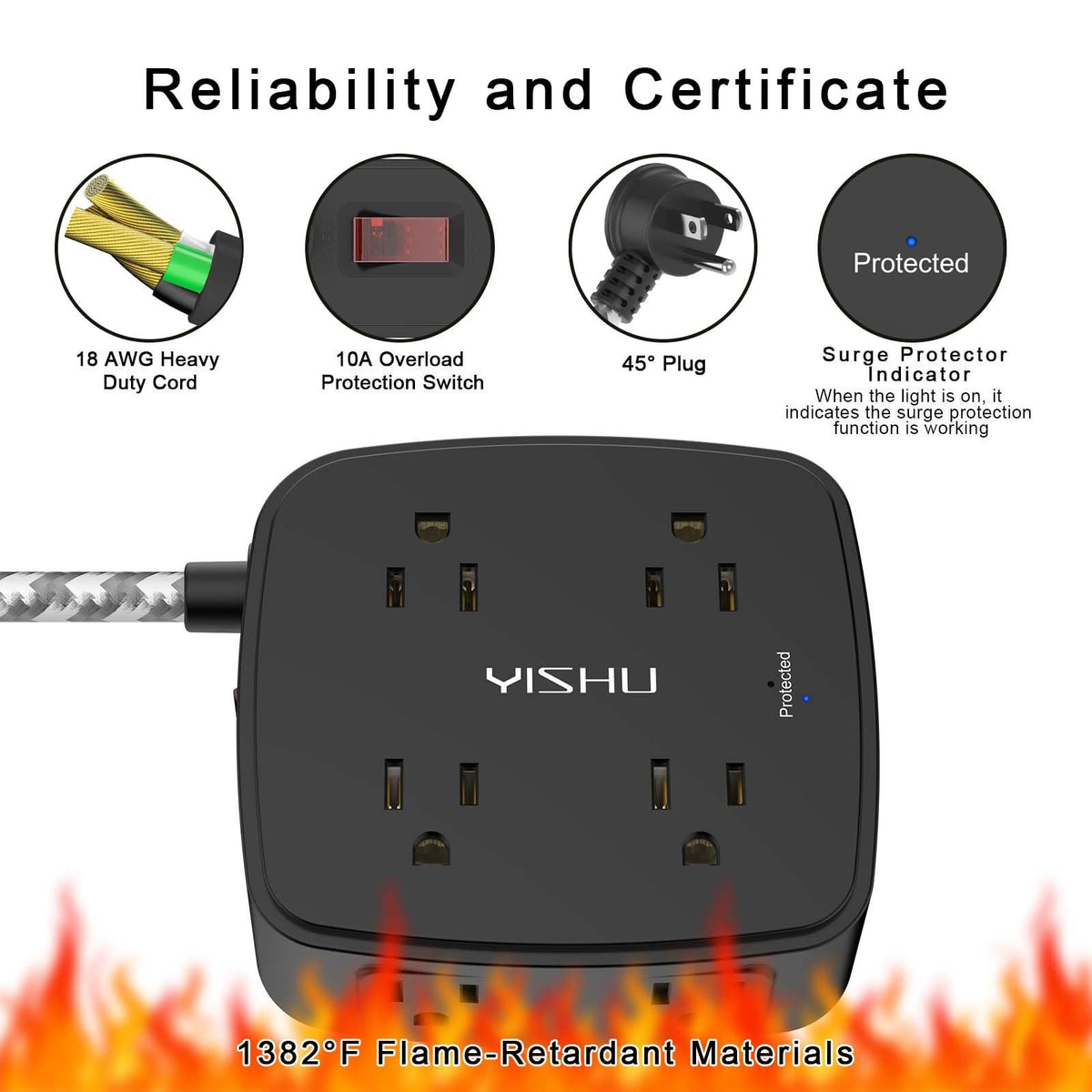 6Ft Surge Protector Power Strip with 8 Widely Outlets & 4 USB Ports | 3 Side Outlet Extender with 6 Feet Extension Cord, Flat Plug, for Home, Office, College Dorm Room Essentials, ETL, White